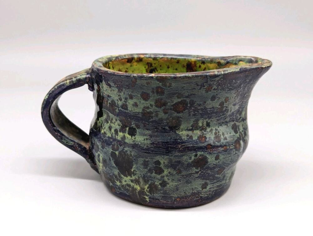 Clay Pottery Creamer Milk Pour Cup Jug Green Spot Glaze Home Accent Decor 3.5"